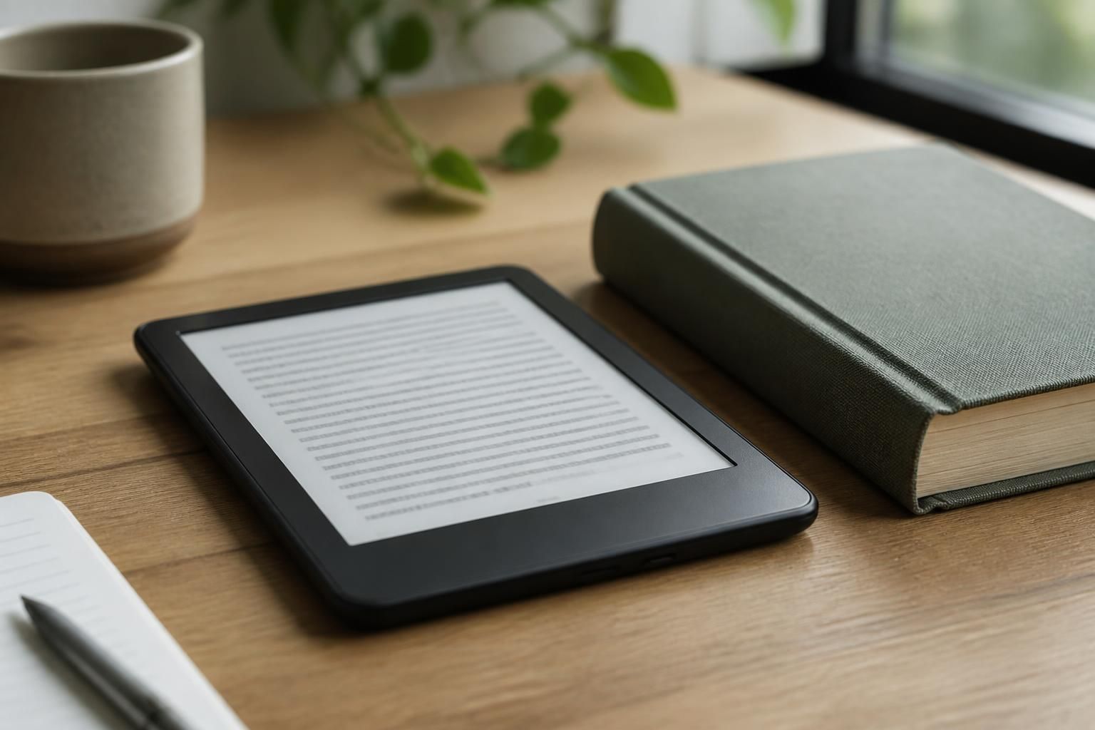 An e-reader and hardcover book arranged on a clean desk.