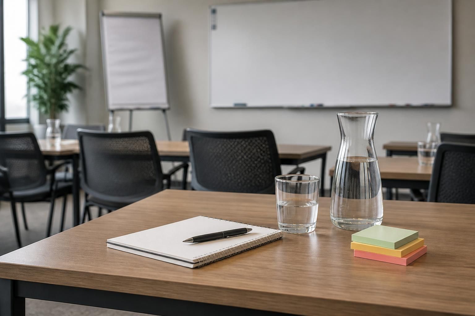 A modern workshop space with chairs and prepared learning materials.