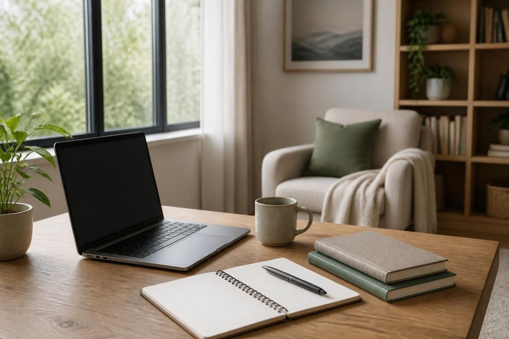 A bright study space with laptop, notebooks, and natural window light.