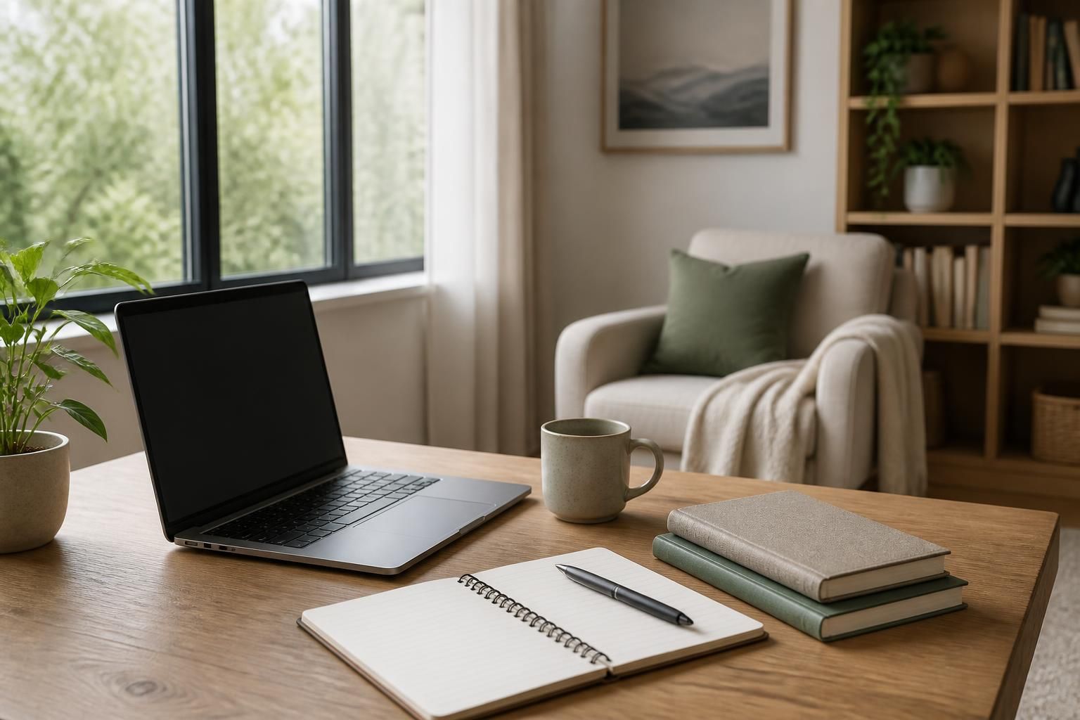A bright study space with laptop, notebooks, and natural window light.