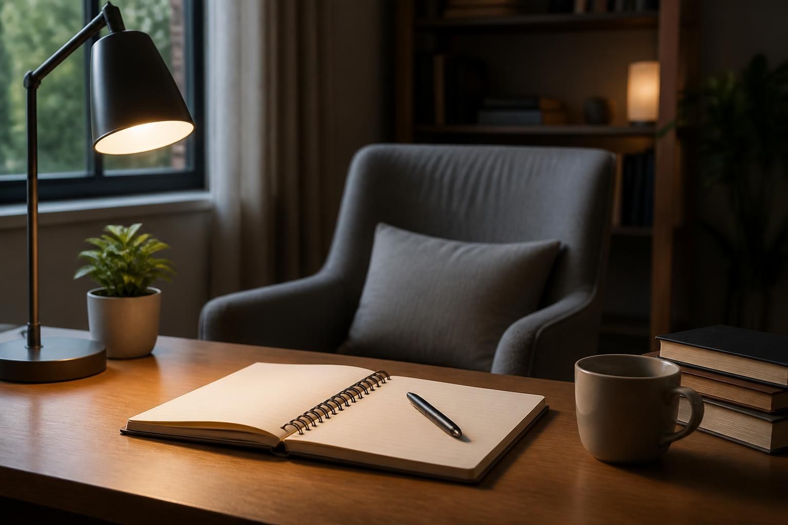 A comfortable study area with lamp, chair, and open notebook.