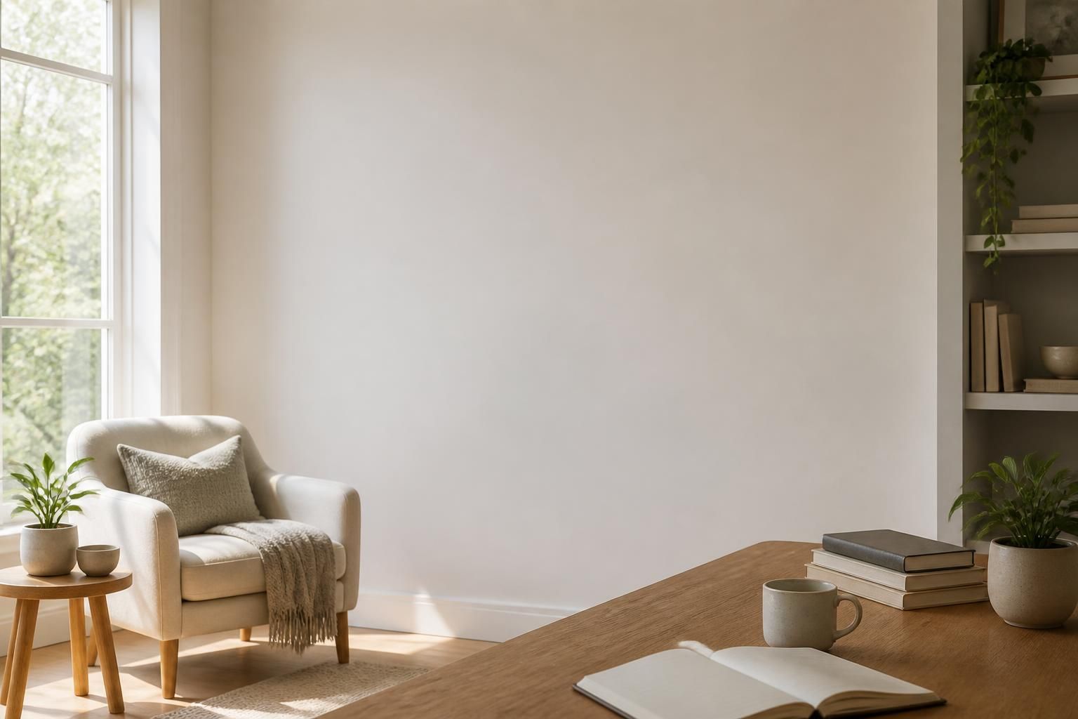 A modern study desk with open space and soft natural light.