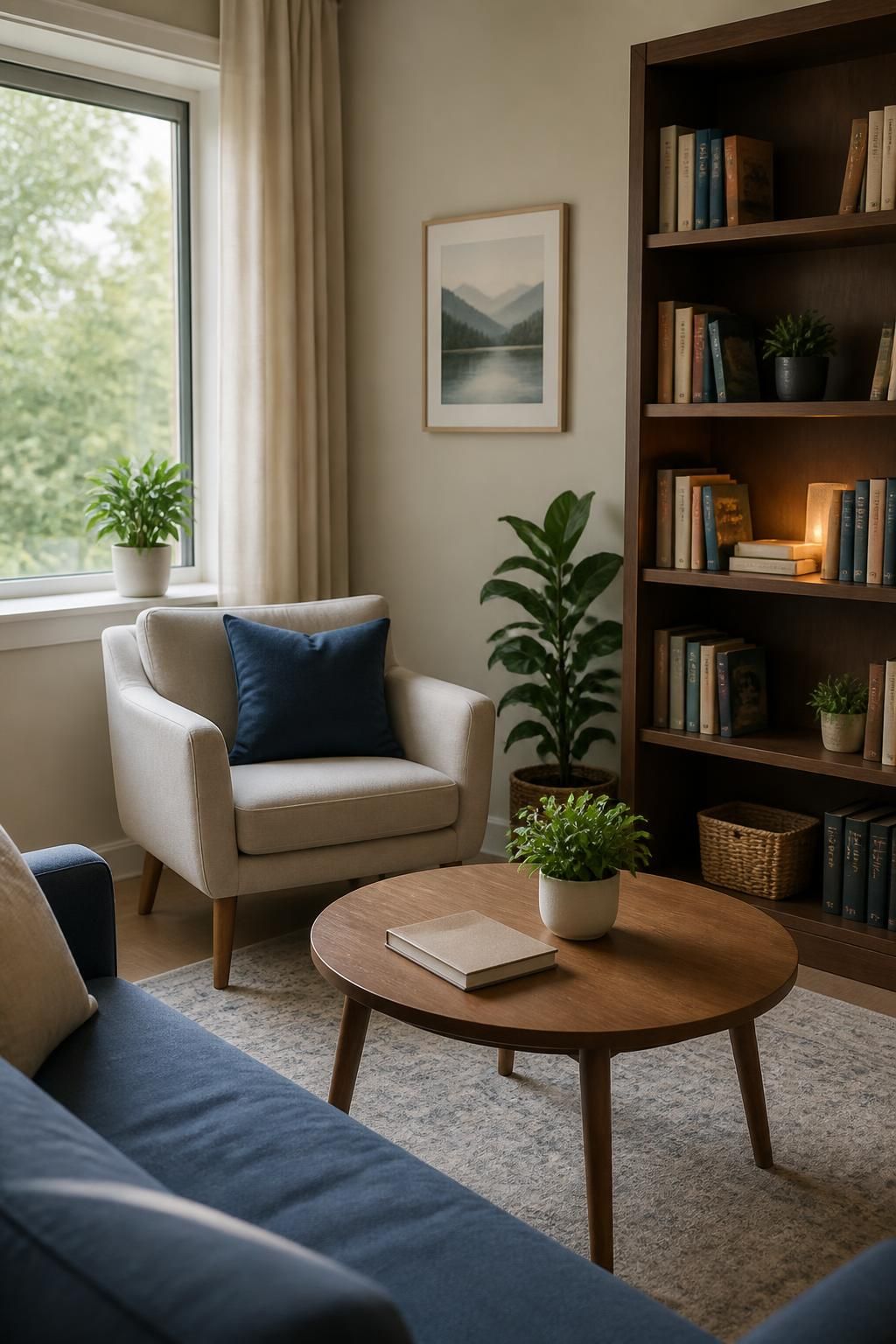 A welcoming tutoring room with bookshelves, desk, and soft seating.